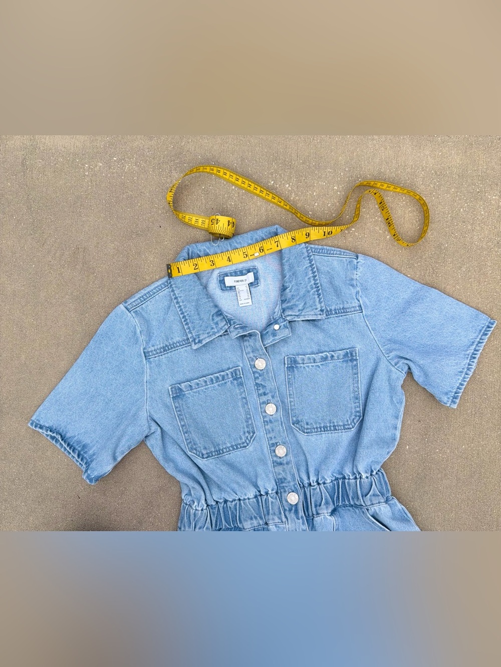 Forever 21 Light Blue Wide-Leg Button Front Short Sleeve Denim Jumpsuit Y2K XS - Picture 9 of 14
